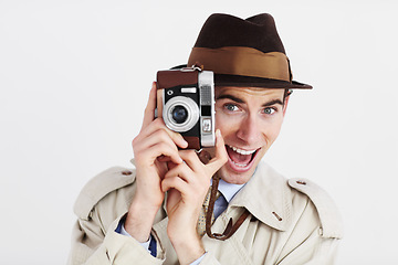 Image showing Camera, photographer and surprise with portrait of man for surveillance, reporter and investigation. Retro, press and wow with agent on white background for vintage, paparazzi and journalist