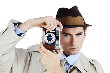 Image showing Detective, camera and spy with portrait of man in studio for surveillance, reporter or investigation. Photography, press and secret with agent on white background for vintage, paparazzi or journalist