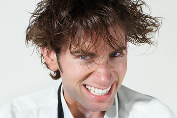 Image showing Crazy, portrait and mad scientist man on white background with stress, mistake and insane hair. Mental health, psychosis and face of funny male person for chemistry, experiment and failed research