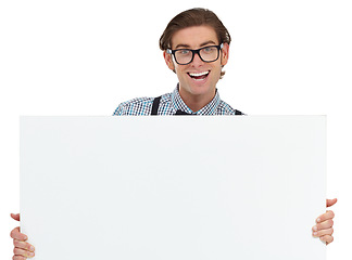 Image showing Portrait, excited and man with poster for mockup in studio isolated on a white background. Board, glasses and funny male person or nerd with copy space for advertising, marketing or promotion banner