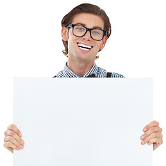 Image showing Happiness, portrait and man with poster for mockup in studio isolated on white background. Board, glasses and funny male person or nerd with copy space for advertising, marketing or promotion banner,