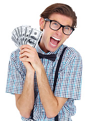 Image showing Shouting, money and excited man with dollars in studio isolated on white background. Winner, scream and funny person with cash from lottery, competition or bonus prize, cashback or financial freedom.