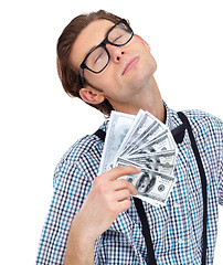 Image showing Money fan, winner and man with dollars in studio isolated on a white background. Male person, cash and fanning after lottery win, competition and bonus or prize, cashback and financial freedom profit