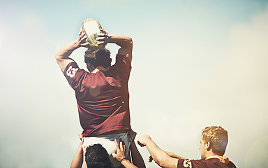 Image showing Back, rugby and men with a ball, competition and practice for fitness, exercise and healthy lifestyle. Professional players, group and athletes with teamwork, support and challenge with solidarity