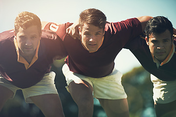 Image showing Rugby team, sports and portrait of men together outdoor on pitch for scrum, teamwork or focus. Male athlete group playing in sport competition, game or training match for fitness, workout or exercise