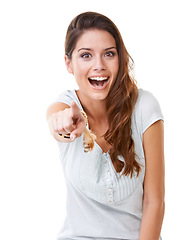 Image showing Laugh, bullying and woman pointing in studio isolated on white background for humor, shame and mock. Body language, mean and portrait of girl point finger for comedy, reaction and laughing at joke