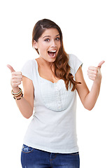 Image showing Portrait, thumbs up and motivation with woman and surprise, wow smile and success against white background. Support, review and positive mindset with excited face, yes agreement and OK with thank you