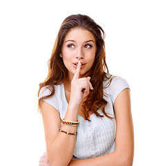 Image showing Secret, face and woman with lips on finger in studio, isolated white background and privacy. Female model with silence gesture on mouth for quiet, shush hands and gossip for whisper with silent emoji