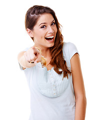 Image showing Laugh, bullying and woman pointing with smile in studio on white background for humor, shame and mocking. Body language, mean and portrait of girl point finger for attitude, reaction and laughing