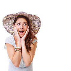 Image showing Woman, surprise and happy in studio with hat for summer, fashion or excited for holiday travel. Girl model, isolated or wow on face, smile or clothes on vacation with mockup space on white background