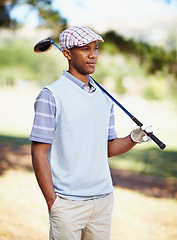 Image showing Sports, relax and health with black man on golf course for training, competition and game. Hobby, fitness and exercise with male golfer and club in outdoors for golfing, summer and workout practice