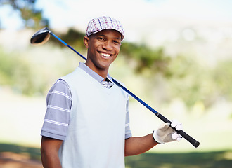 Image showing Sports, smile and portrait of black man on golf course for training, competition and game. Happiness, fitness and relax with male golfer and club in outdoors for golfing, summer and workout practice