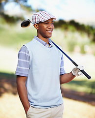 Image showing Sports, relax and happy with black man on golf course for training, competition and game. Happiness, fitness and smile with male golfer and club in outdoors for golfing, summer and workout practice