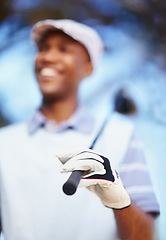 Image showing Sports, club and hand with black man on golf course for training, competition and game. Happiness, fitness and relax with male golfer in outdoors for golfing, summer and workout practice