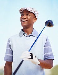 Image showing Sports, game and happy with black man on golf course for training, competition and smile. Happiness, fitness and relax with male golfer and club in outdoors for golfing, summer and workout practice