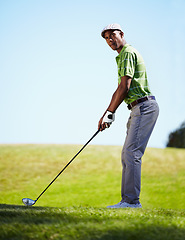 Image showing Sports, golf and black man aim for stroke in game, match and competition on golfing course. Recreation, hobby and focused male athlete with club driver on grass for training, fitness and practice