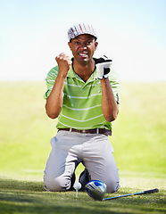 Image showing Sports, golf and portrait of black man with anger in game, match and competition on golfing course. Recreation, hobby and upset, angry and mad male athlete on grass for loss, mistake and frustrated