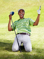 Image showing Portrait, golf and black man with celebration for winning in game, match or competition on golfing course. Sports, excited or winner golfer athlete cheering on grass for training, fitness or practice