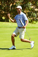 Image showing Sports, golf and black man with celebration for winning in game, match and competition on golfing course. Success, excited and happy male athlete cheering on grass for training, fitness and practice