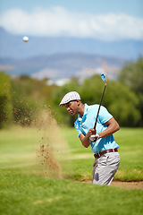 Image showing Sports, golf and black man playing in sand in game, match and competition on golfing course. Recreation, hobby and focused male athlete with club driver on grass for training, fitness and practice