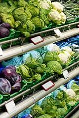 Image showing Food, shopping and health with fresh produce in supermarket for sale, nutrition and retail. Grocery, consumer and offer with organic vegetables on shelf of store for diet, purchase and products