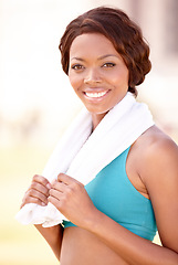 Image showing Fitness towel, black woman and happy portrait with smile from exercise and sport. Workout, African person and female face feeling healthy and beautiful from sports training and wellness empowerment