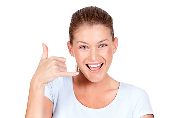 Image showing Portrait, woman and excited to call me with hands, white background and communication in isolated studio. Happy face, female model and telephone calling sign, contact gesture and emoji for connection