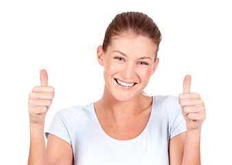 Image showing Happy woman, portrait smile and thumbs up for winning, success or good job against a white studio background. Female person smiling showing thumb emoji, yes sign or like for approval or agreement