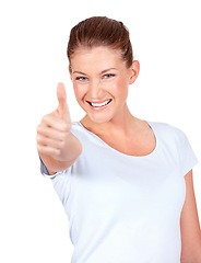 Image showing Happy woman, portrait smile and thumbs up for good job, winning or success against a white studio background. Female person smiling showing thumb emoji, yes sign or like for approval or agreement