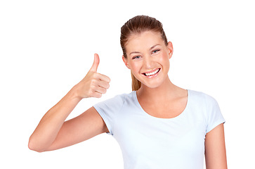 Image showing Happy woman, portrait and hand in thumbs up for winning, success or good job against a white studio background. Female person smiling showing thumb emoji, yes sign or like for approval or agreement