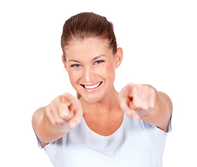 Image showing Portrait, happy woman and pointing to you in white background, isolated studio and choice of decision. Face of female model, smile and fingers forward for offer, emoji and direction for opportunity