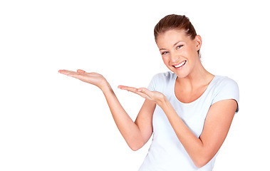 Image showing Happy woman, portrait and advertising offer with hands on isolated white background, information and studio mockup. Female model gesture to announcement, commercial promotion or branding presentation