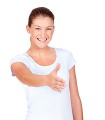 Image showing Handshake, offer and portrait of happy woman in white background, isolated studio and hello. Female model stretching for shaking hands, welcome and thank you for introduction, meeting and agreement