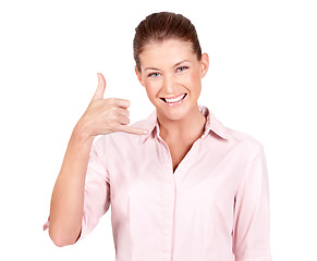 Image showing Portrait, happy woman and call me with hands, studio and isolated white background for talking. Face of female model, calling sign and phone gesture of connection, contact us or network communication