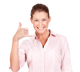 Image showing Portrait, happy woman and call me hand gesture in white background, isolated studio and communication. Face of female model, calling sign and telephone emoji for connection, contact us and smile