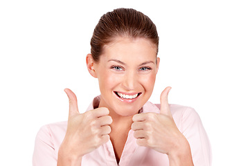 Image showing Happy woman, portrait and hands in thumbs up for success, winning or good job against a white studio background. Female person smiling showing thumb emoji, yes sign or like for approval or agreement