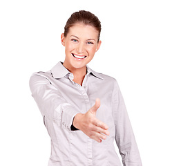 Image showing Portrait, happy woman and deal for shaking hands in studio, isolated white background and trust. Female model stretching for handshake, welcome and thank you for opportunity, networking and agreement