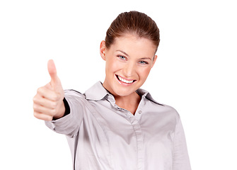 Image showing Happy woman, portrait smile and hand in thumbs up for success, winning or good job against a white studio background. Female person smiling and showing thumb emoji, yes sign or like for approval