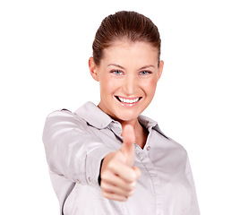 Image showing Happy woman, portrait and hand in thumbs up for success, winning or good job against a white studio background. Female person smiling showing thumb emoji, yes sign or like for approval or agreement