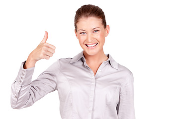 Image showing Happy woman, portrait and hand in thumbs up for achievement, success or winning against a white studio background. Female person with smile and showing thumb emoji, yes sign or like for approval