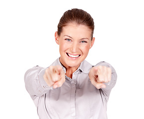 Image showing Portrait, happy woman and pointing finger to you in white background, isolated studio and decision. Face of female model, smile and gesture forward for hiring, emoji and hand direction of opportunity