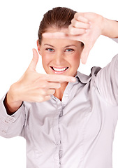 Image showing Hands, selfie and portrait of woman doing frame sign or gesture for a picture isolated in a white studio background. Young, focus and female person or employee framing her face with her finger border