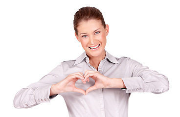 Image showing Love, kindness and portrait of woman doing heart sign, shape or gesture with hands isolated in a white studio background. Hope, casual and female employee with happiness, care and happy signal