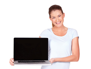 Image showing Isolated woman, laptop screen and studio portrait with smile, mockup space and promo by white background. Model girl, student and computer with copyspace for education, research and studying on web