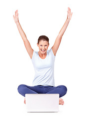 Image showing Celebrate, laptop and woman winner in a studio for online sports bet success or achievement. Happy, smile and portrait of a female person in celebration with a computer isolated by a white background