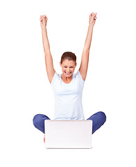 Image showing Winning, achievement and woman with a laptop in a studio in celebration for online sports bet success. Happy, celebrate and female person with a smile and computer isolated by a white background.