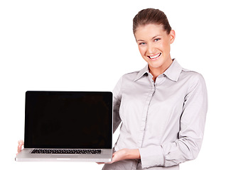 Image showing Portrait of happy woman, laptop and mockup in white background, isolated studio and advertising screen. Female model holding computer in presentation, online space or promotion of website coming soon