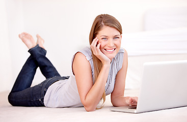 Image showing Laptop, online and portrait of a happy woman on the floor browsing on social media, website blog or the internet. Relax, smile and female person on the ground with computer for entertainment at home.