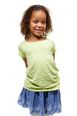 Image showing Cute, African child and face of young girl in a studio with happiness and kids fashion. White background, portrait and smile of kid with youth and children style feeling confident from clothing