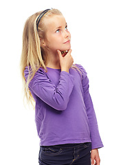 Image showing Thinking, mockup and girl with ideas, decision and wonder isolated against a white studio background. Young person, female child and kid with wonder, future and ponder with daydreaming and happiness